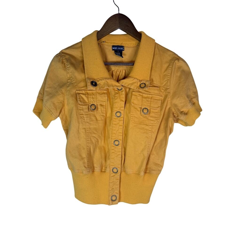 Wet Seal Yellow Cropped Short Sleeve Jacket L Ribbed Waist Button Retro Y2K Gorp
